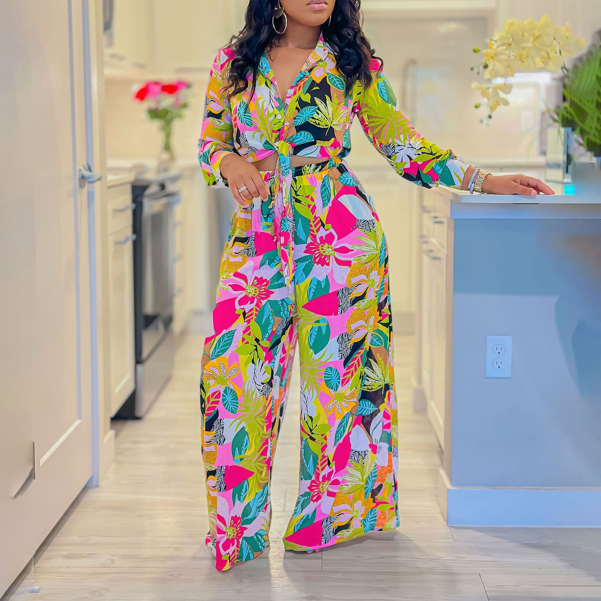 Women's Fashion Print Two-piece Suit Lapel Tie Shirt Wide Leg Pants Suit