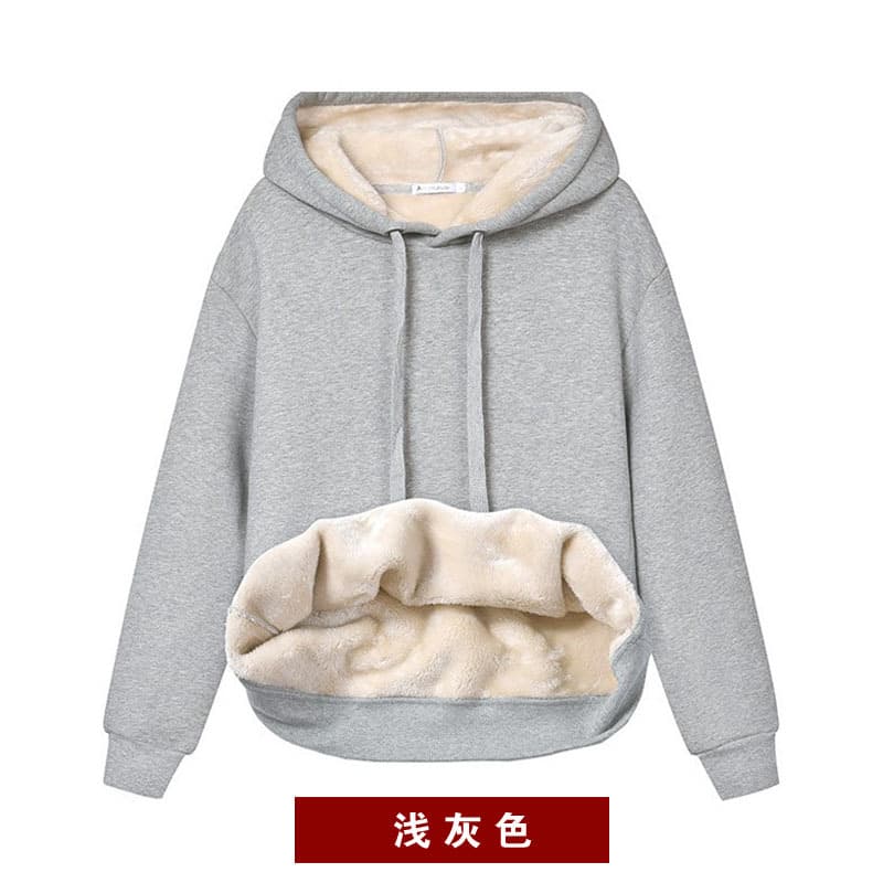 Solid Color Lamb Wool Fleece Lined Thickened 2024 New Winter Coat Hooded Sweatshirt Warm Top Wine Red 12