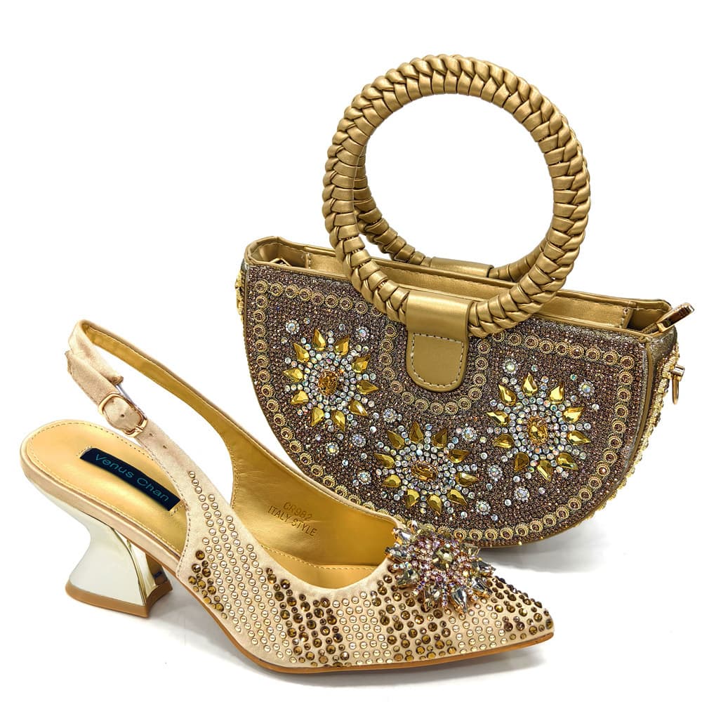 Shoe Bag Set Combination Wrist Woven Moon Bag + Women's Pointed Sandal Crystal Buckle