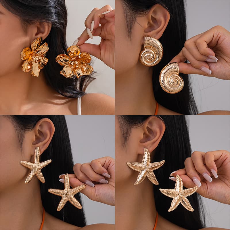 Irregular Exaggerated Summer Vacation Style Starfish Conch Fashion Stud Earrings For Women