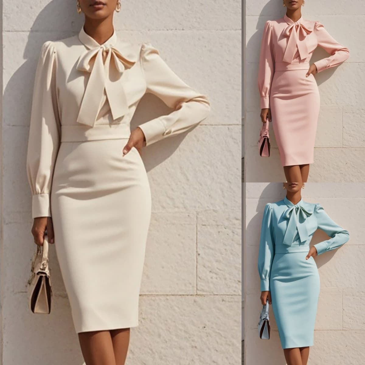Elegant Bow-Tie Waist Belt Midi Dress For Women - Solid Color Office & Casual Wear (S-XXL)