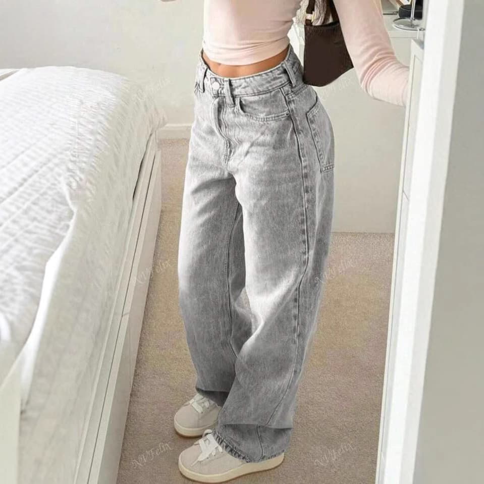 Women's High Waist Straight Leg Loose Fit Casual Denim Pants - Comfortable Cotton Blend Wide Leg Trousers For Street Style