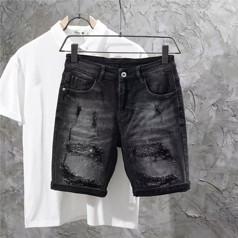 Men's Clothing Slim Fit Denim Shorts Trendy Rhinestone Rips Straight Leg Stretchy Korean Style Cool And Edgy