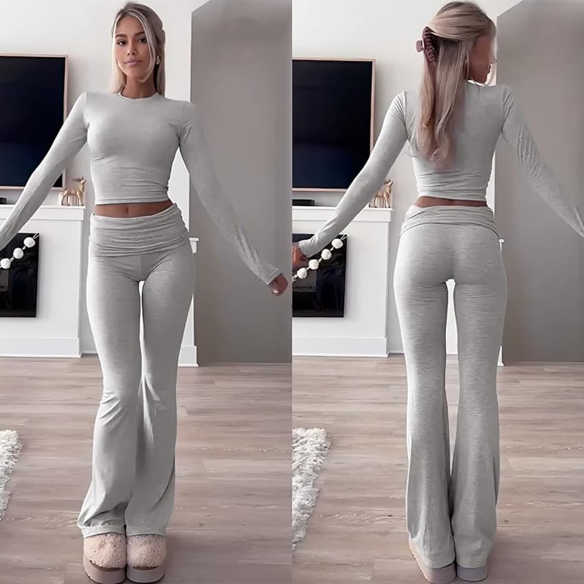 Women's Casual Sportswear Set – Long Sleeve Round Neck Top & Flared Pants For Yoga, Gym & Lounge
