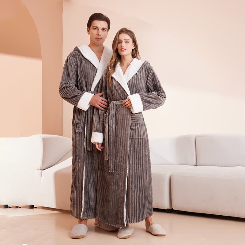Men's Clothing extra long plus size cut velvet hooded striped couple nightgown men and women plus size flannel bathrobe autumn and winter