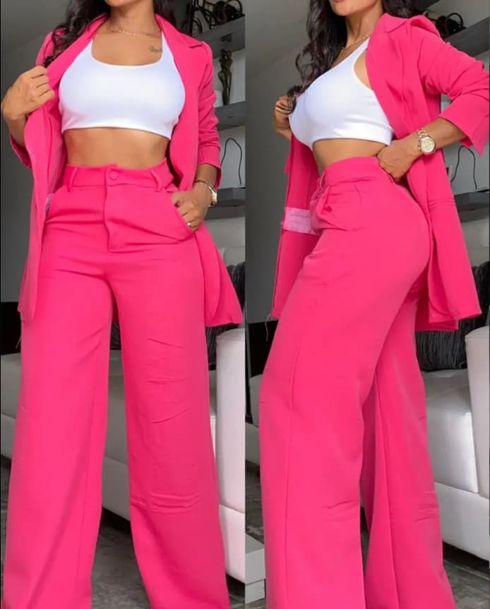 Women's Elegant Commuter Suit Set In Solid Color With Split Sleeves, Pockets, And Straight-leg Trousers With A Lapel.