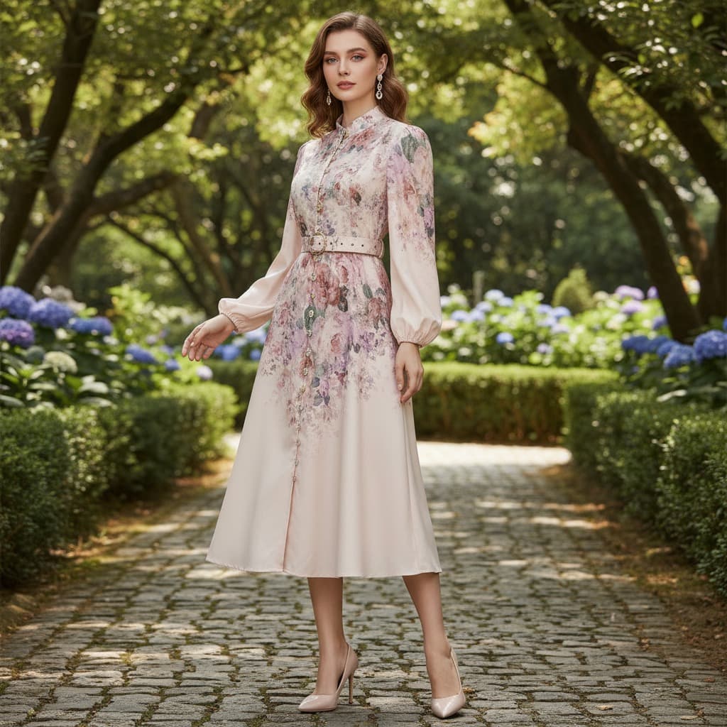 Women's Clothing Women's Retro Long Dress Stand Collar Lantern Sleeve Single Breasted Button Printed Spring Summer Fashion