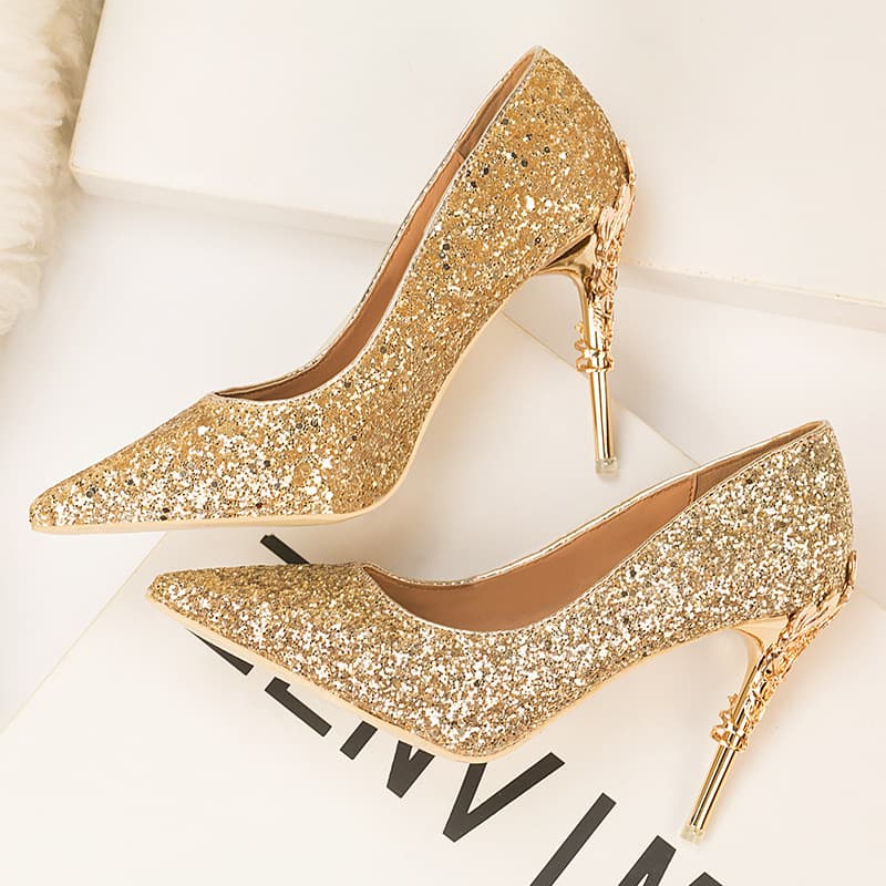 Women's Pumps style fashion sexy nightclub women's shoes metal heel stiletto high heel shallow mouth pointed toe sequin shoes