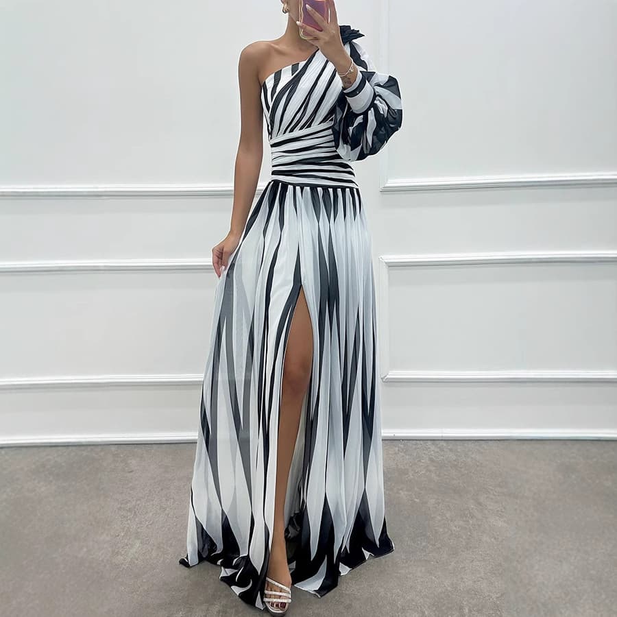 25 Years European And American Oblique Shoulder Dress Party Elegant Printed Long Dress