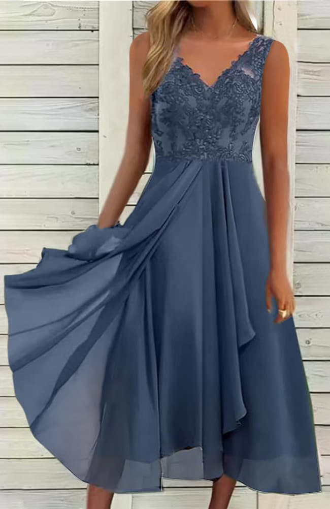 Women's Dress Chiffon Spliced Lace Hollow Women's Long Dress Bridesmaid Evening Dress Sleeveless