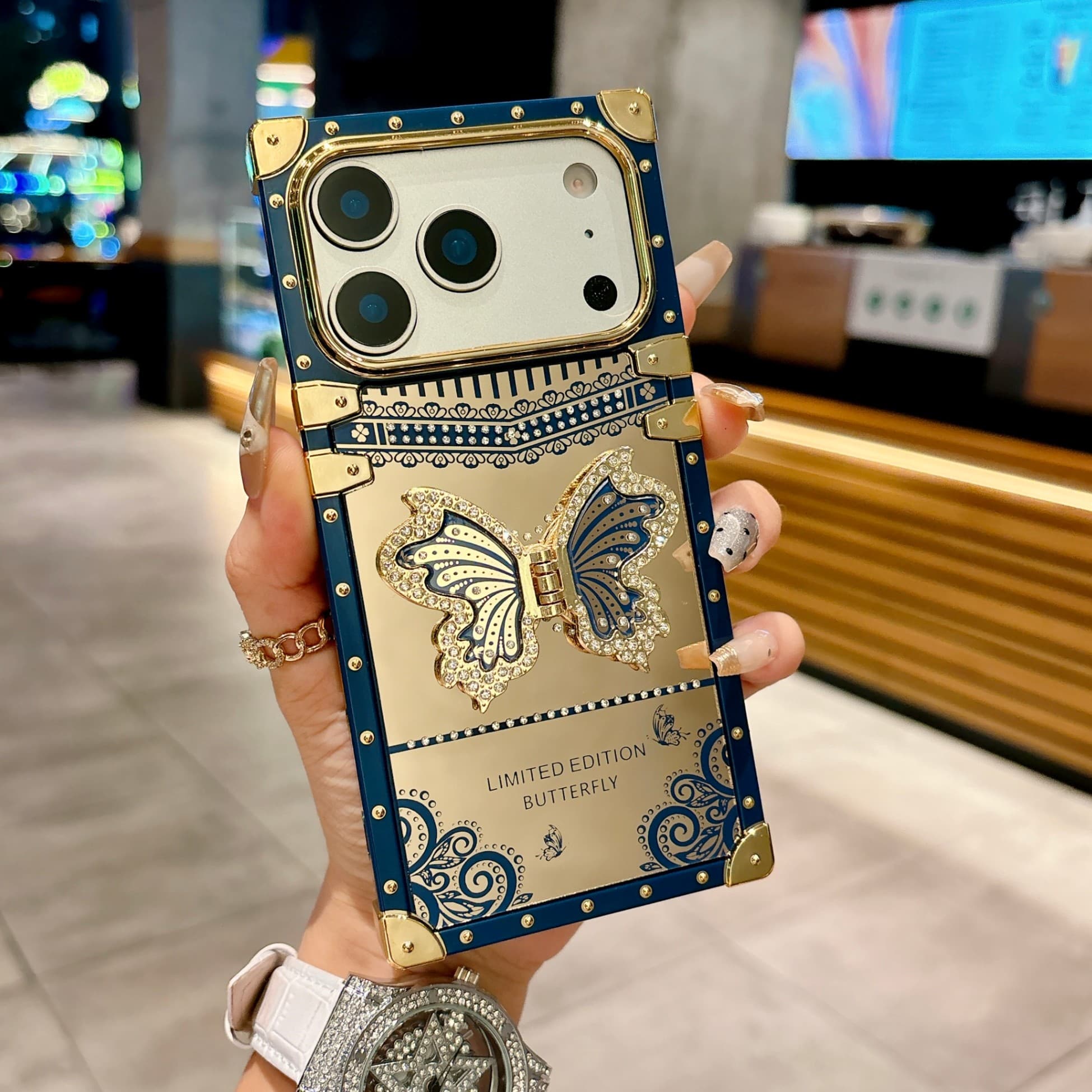 Square Electroplating Anti-drop Women's Special Mobile Phone Case 13Promax/hardware Bracket Mobile Phone Case 14Promax/butterfly Pattern Mobile Phone