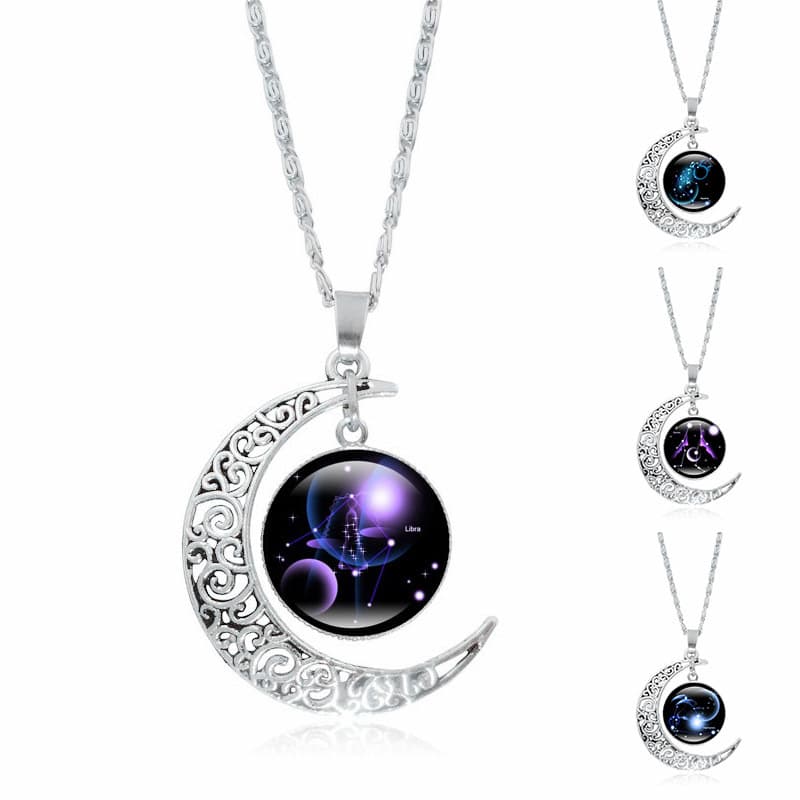 12 constellation Time gem necklace women's all-match silver moon pendant cross-border European and American necklace birthday gift