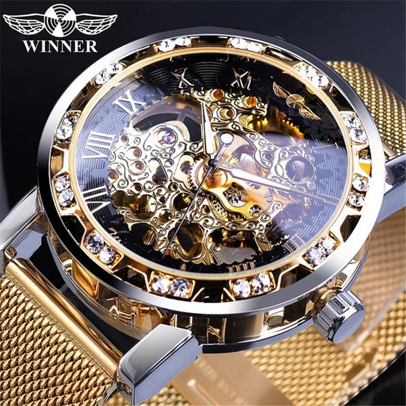 Men's Fashion Skeleton Mechanical Watch With Rhinestone Mesh Band, Decorative Hand-Winding Student Watch Mesh Strap Manual Mechanical Student Watch