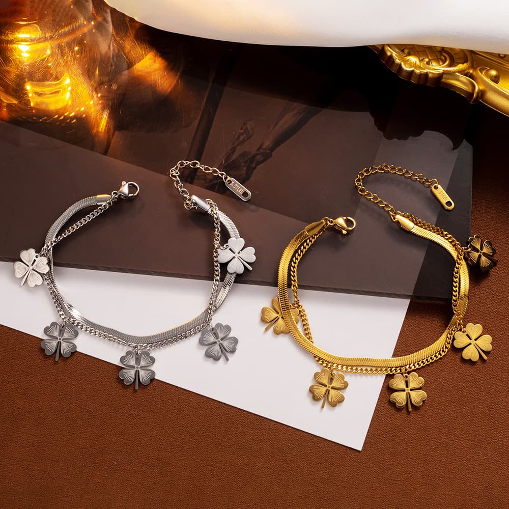 Women's Non Fading Whole Body Titanium Steel Bracelet Personality Hip Hop Five Four Leaf Clover Snake Bone Double Layer Bracelet