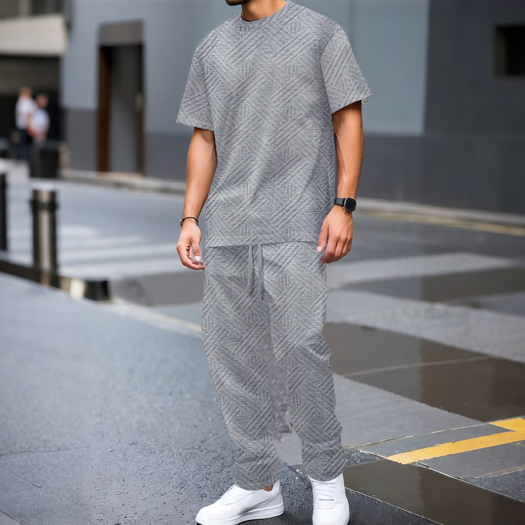 Men's Clothing Summer Men's Heavy Solid Color Jacquard Round Neck Short Sleeved T Shirt Trousers Outdoor Leisure Two Sets