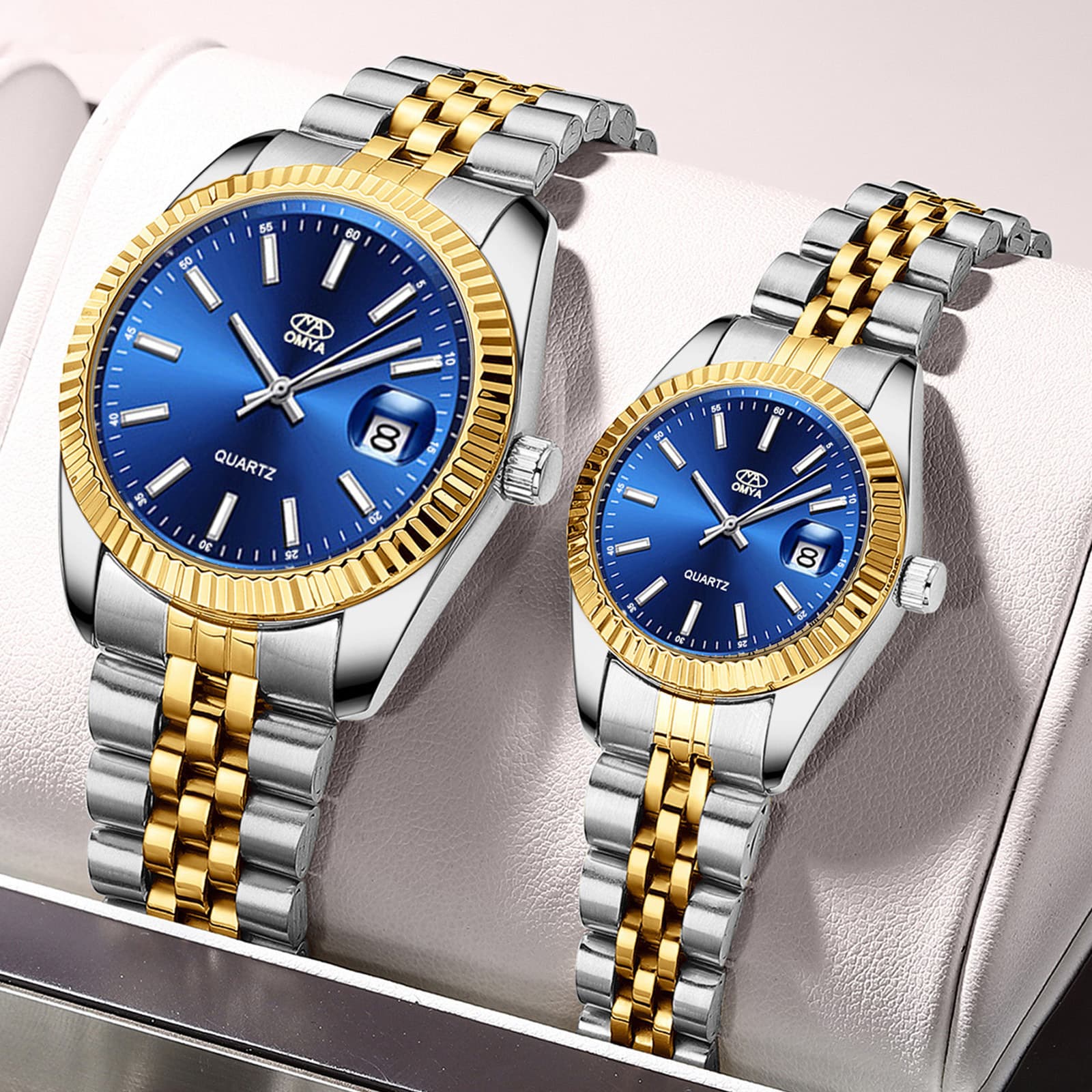 Unisex Waterproof Couple Watches Calendar Display Quartz Movement Stainless Steel Sports Watch Set
