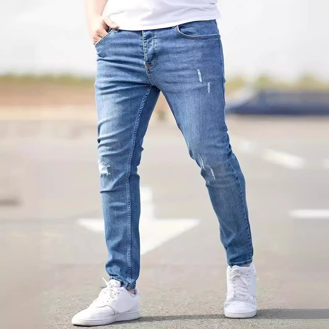 Men's Slim Fit Stretch Jeans - British Style Washed Denim, Mid-Rise With Zip Detail (Light Blue/Black/Gray, S-2XL)