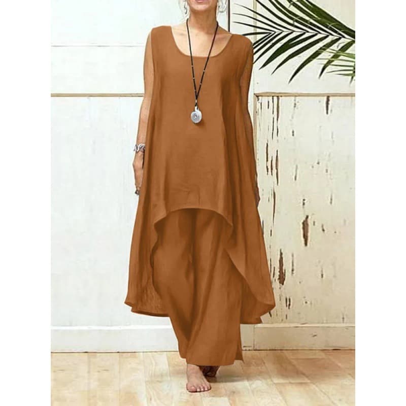 Women's Sportswear Casual Sleeveless Asymmetric Top Loose 2-piece Pants Suit