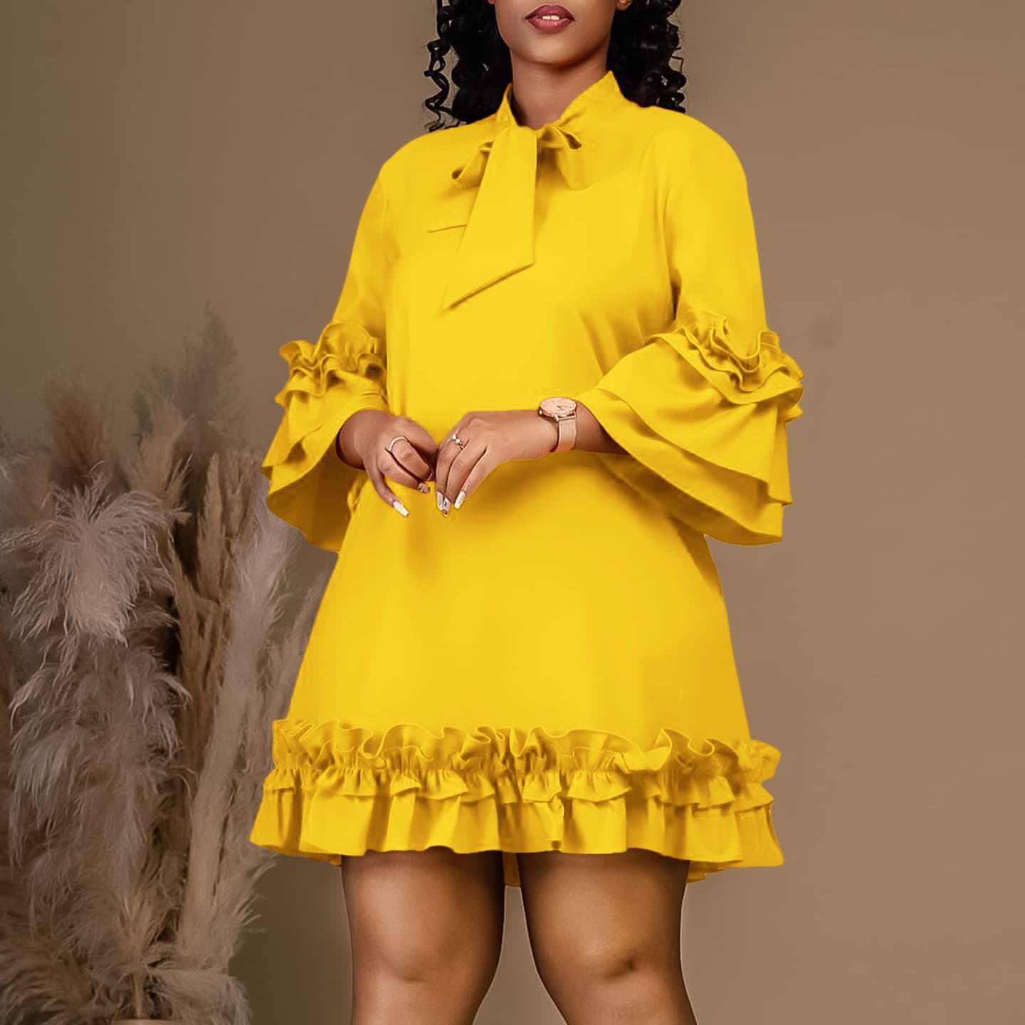 Women's Clothing solid color temperament pile sleeves tie ruffle dress
