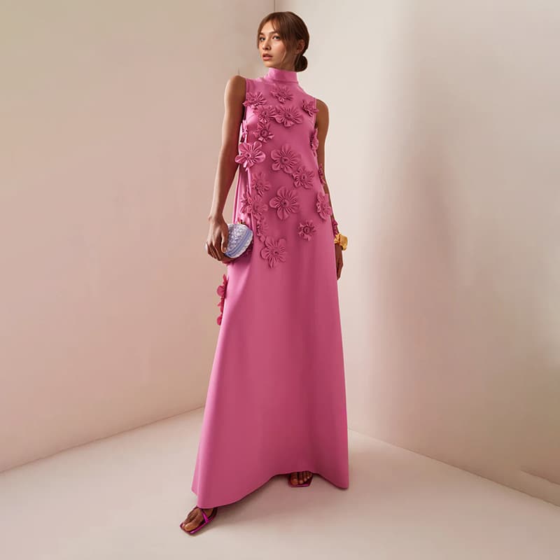 Women's Clothing Temperamental And Elegant Style Stand Up Collar Sleeveless Solid Color Long Dress Three Dimensional Flower Collage Design Long Dress