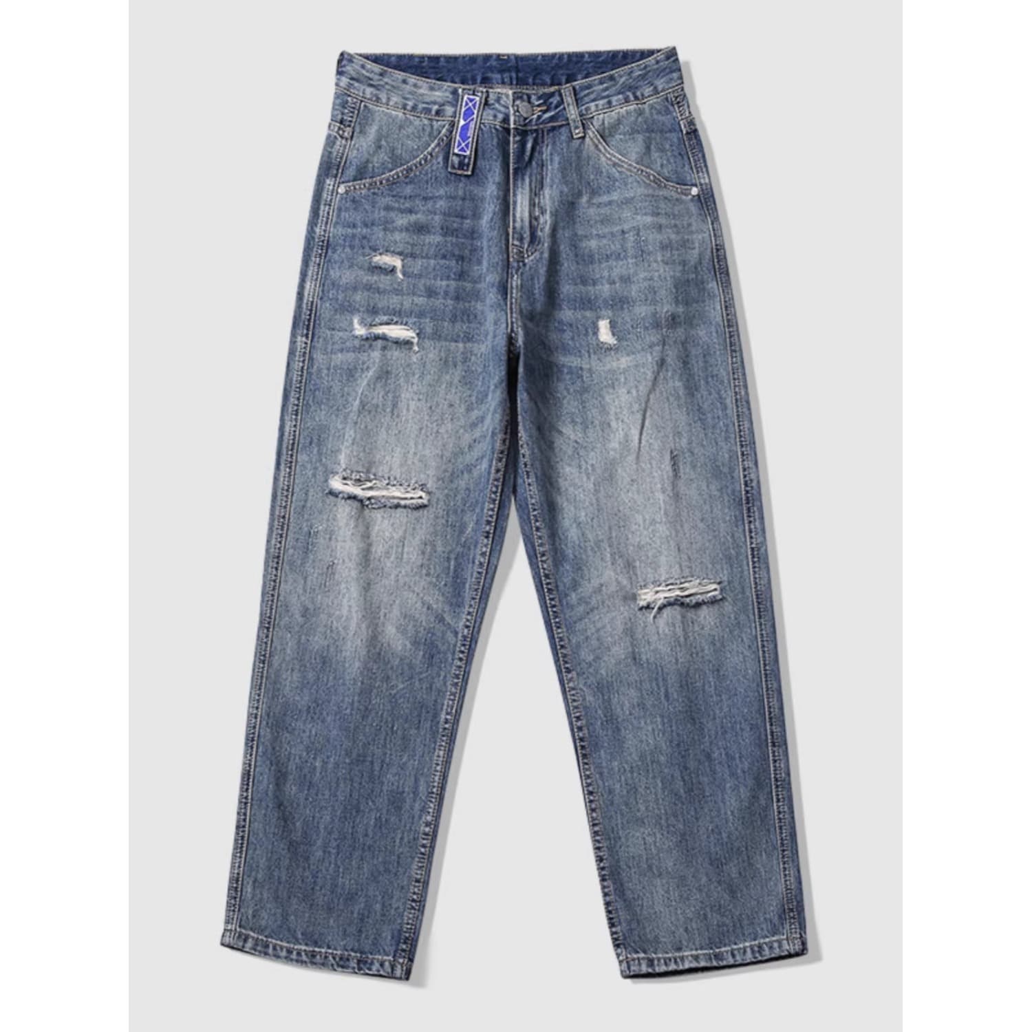 Men's American Style Washed Retro Jeans Ripped Straight Leg Wide Leg Pants Midweight Cotton Black Blue Autumn Trendy Brand