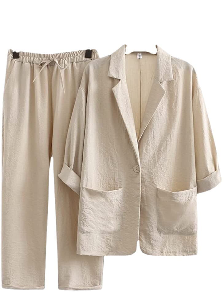 Women's Linen Blazer Set Casual Office Suit With Pockets - Comfortable Loose Fit Jacket & Pants (Black/Yellow/Beige/Light Blue/Green/Pink)