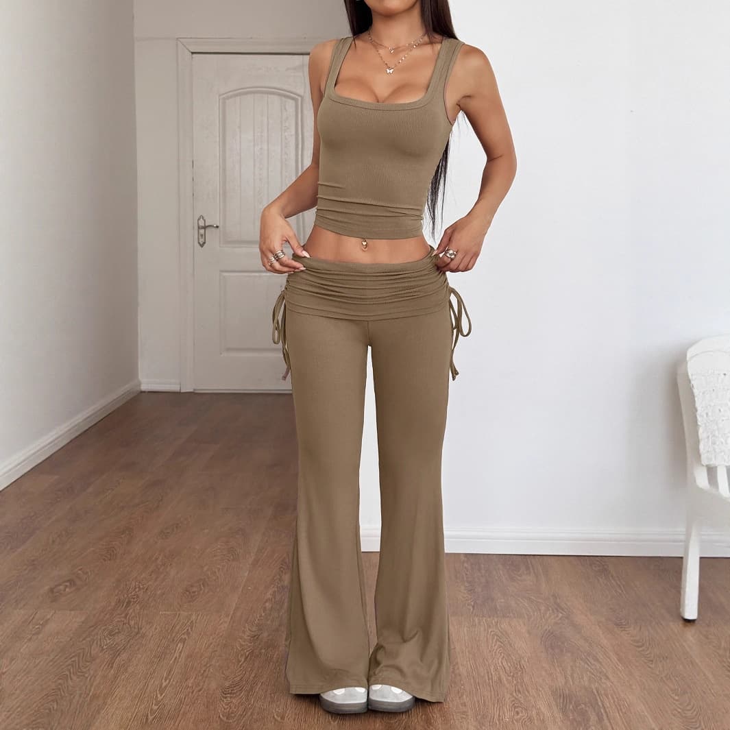 Women's Clothing Solid Color High-Waist Flare Pants Set - Stretchy Office Wear Two-Piece Outfit For Slimming Effect | Casual Wide Leg Trousers