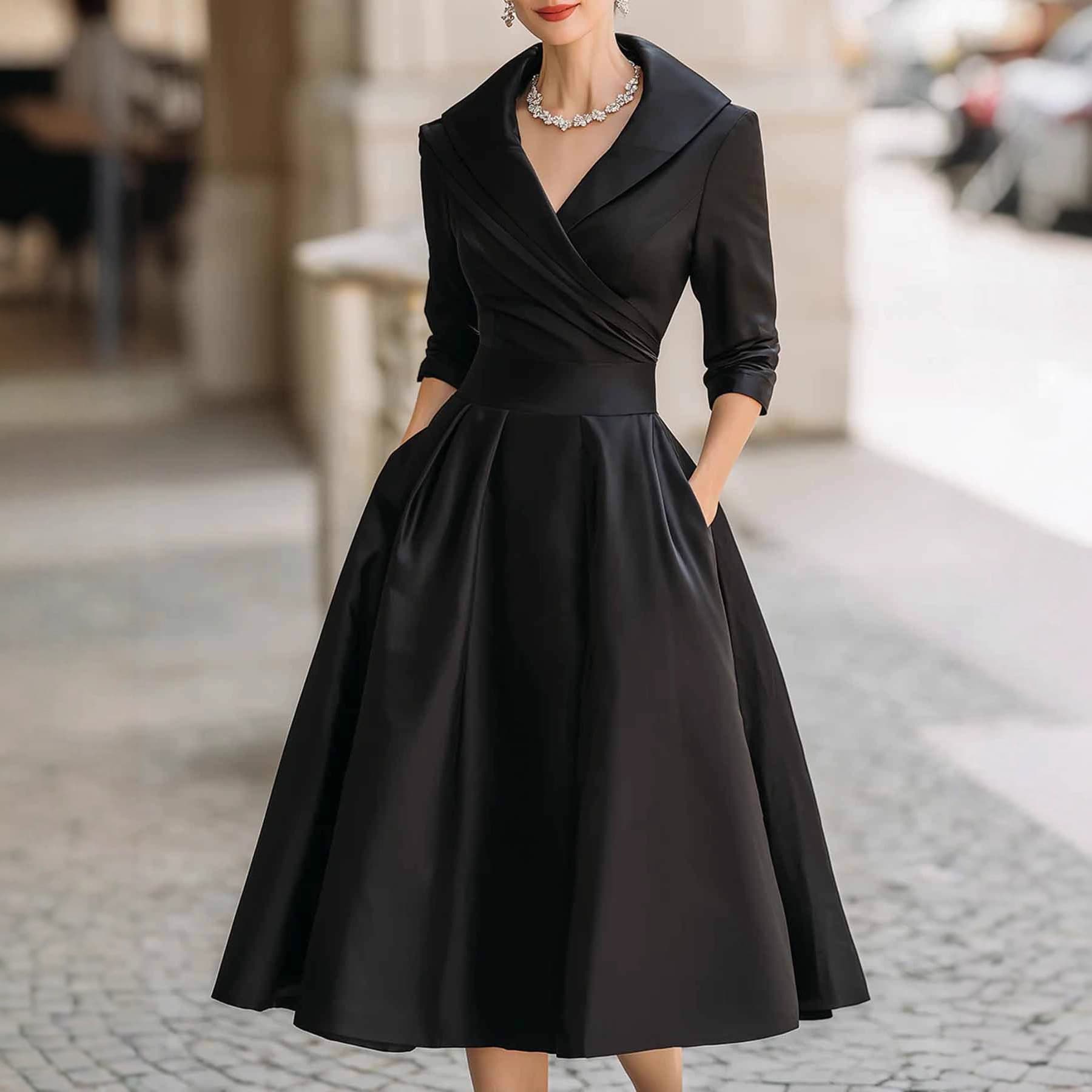 Elegant Satin Long Sleeve Belted Dress – Bohemian A-Line V-Neck Midi Dress For Women​