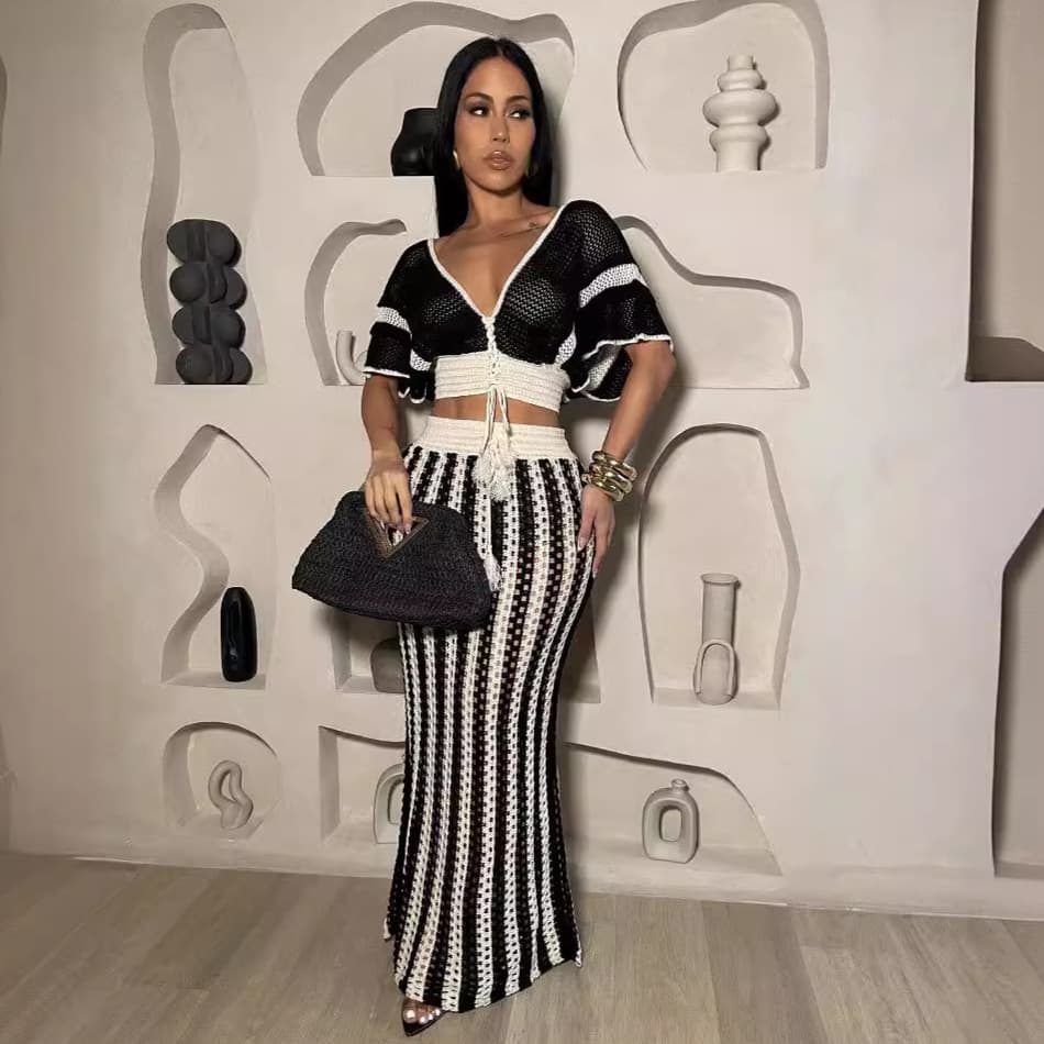 Women's Clothing Source Source Summer New Women's Clothing Sexy V Neck Hollow Striped Knitted Ladies Long Skirt Set