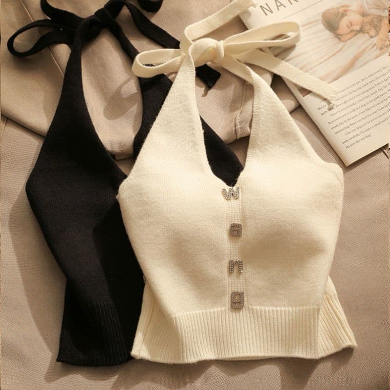 Women's Clothing Halter Neck Suspender Top For Women In Summer Inner Wear Or Outer Wear Beautiful Back Slim Fit Off Shoulder Short Knitted Vest