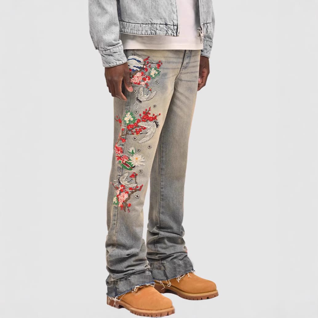 Men's Clothing New Men's Denim Straight Pants Street Fashion Ins Popular Stretch Patch Denim Straight Pants