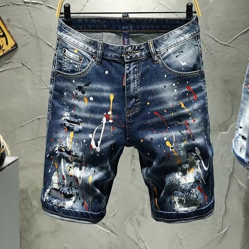 Ink Splash Hole Denim Shorts Men's Trendy Brand Slim Fit Skinny Summer Thin Five Point Mid Length Pants