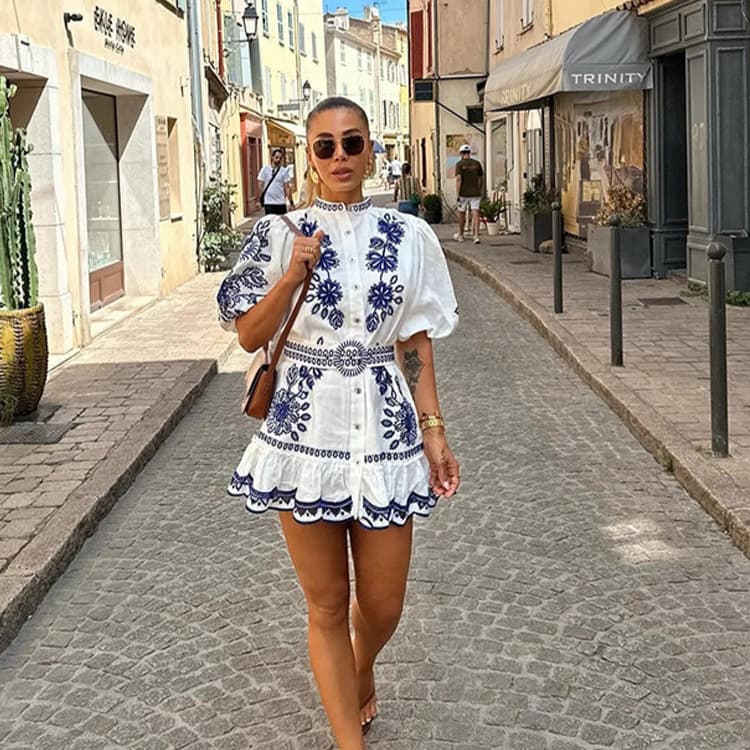 Women's Clothing Fashion Print Single Breasted Stand Up Collar Bubble Short Sleeved Dress