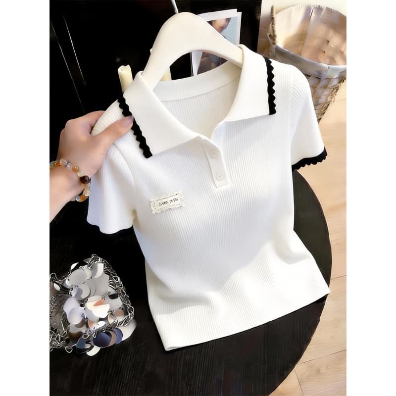 Women's High-End Knit Top Gray Collar Short Sleeved Fashionable Stylish Versatile Slimming New Style
