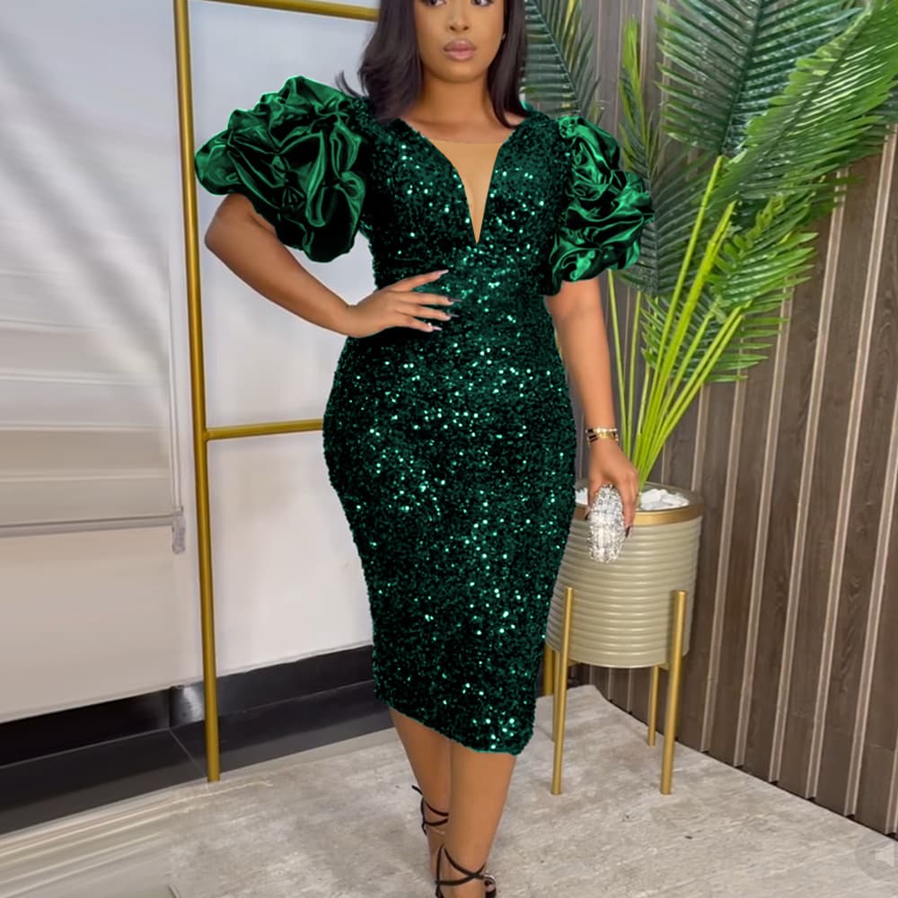 Women's high waist V-back party sequin dress dress