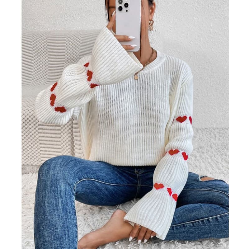 Women's Oversized Long Sleeve Sweater With Stripe & Heart Embroidery - Soft Acrylic Knit Pullover, Round Neck, Sweet Casual Tops