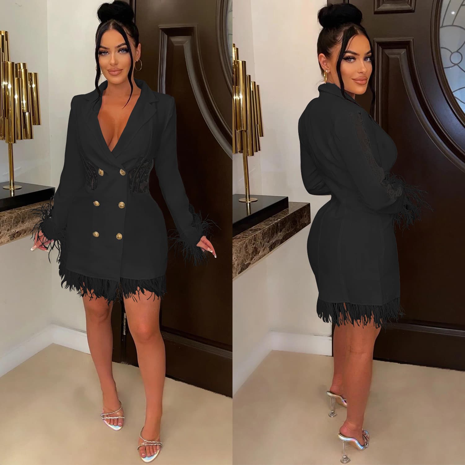 Women's fashion women's V-neck long-sleeved double-breasted tassel openwork dress