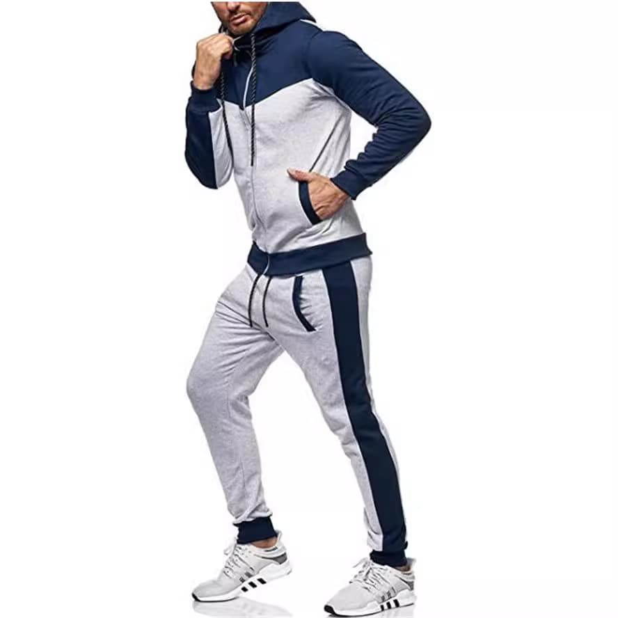 Men's Clothing 2024 new European and American foreign trade autumn and winter men's hooded color matching casual sports cardigan suit cross border
