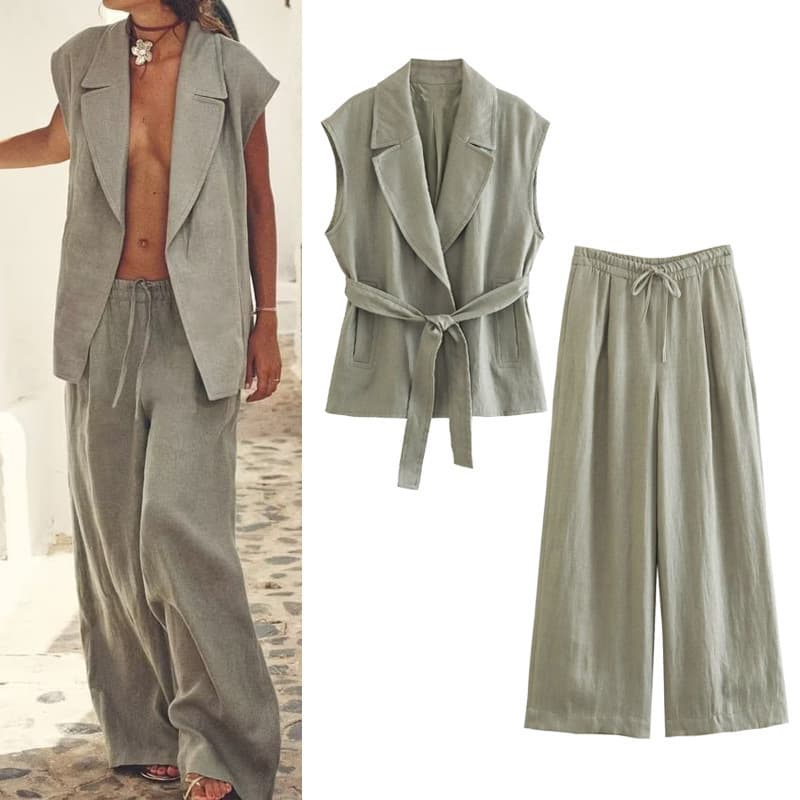 Women's Clothing Suit With Belt Linen Vest Vest Wide Leg Loose Straight Pants