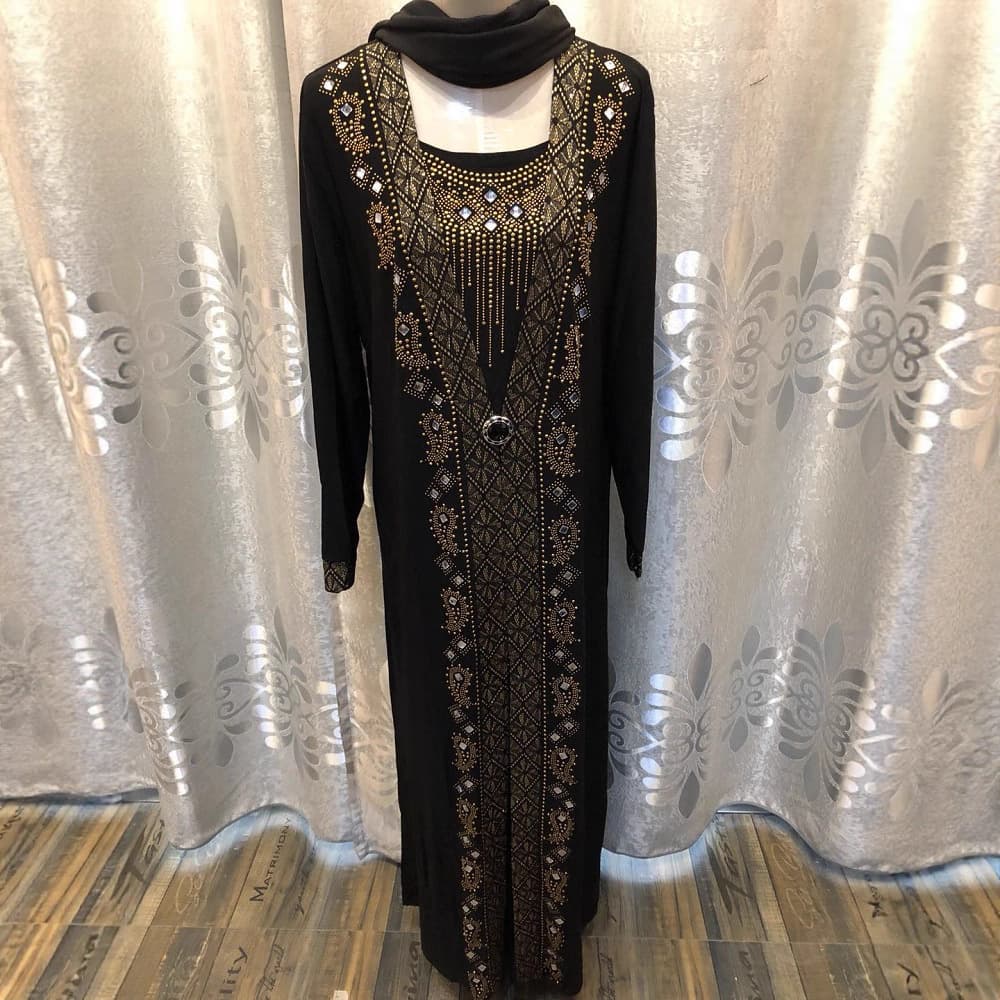 Elegant Embellished Prayer Dress For Muslim Women - Long Sleeve Ethnic Abaya With Crystal Beading, Comfortable Polyester Fabric, Suitable For Mosque