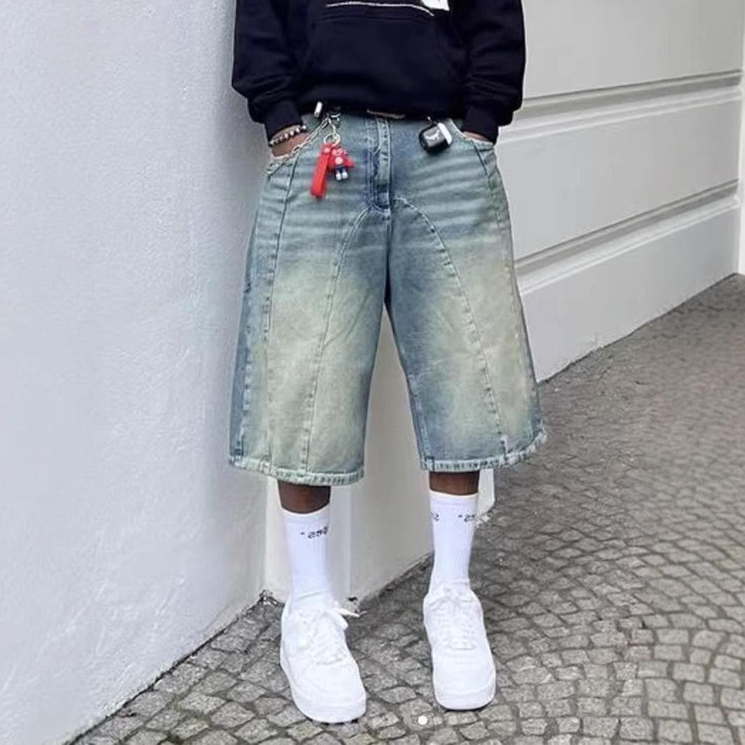 Men's Clothing Retro Washed High Street Denim Shorts For Men And Women Straight Wide Leg Distressed Loose Casual Versatile Seven Points