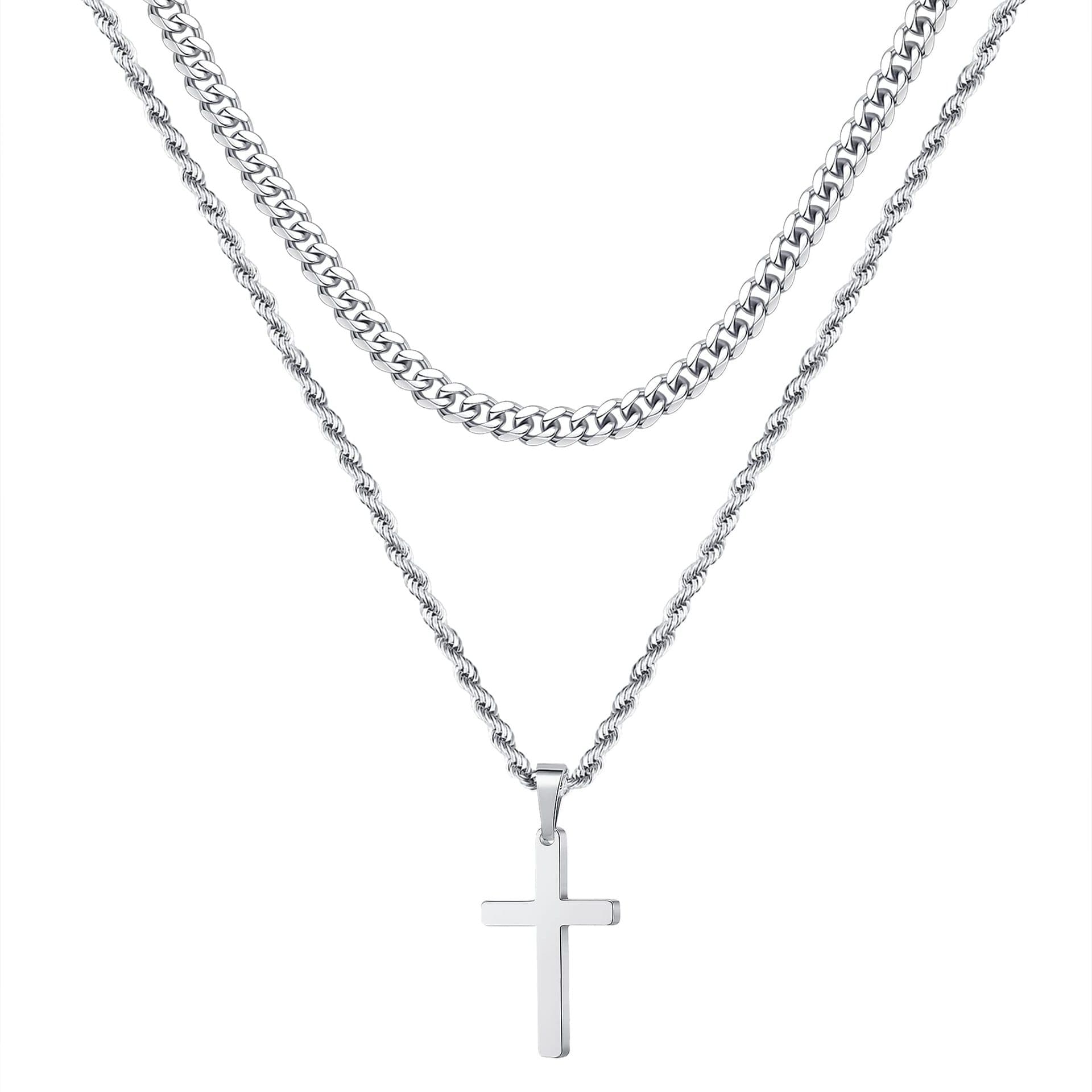 Stainless Steel Double Twist Chain Cross Pendant Necklace - Gold/Black/Gunmetal Plated Layered Rosary Necklace For Men & Women