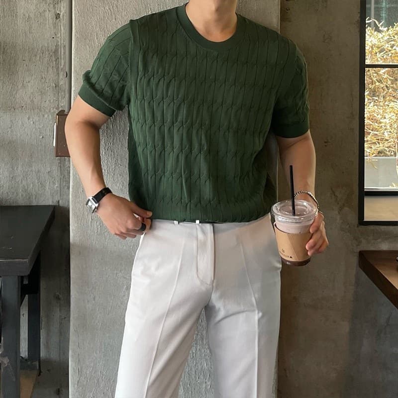 Men's Clothing Short Sleeved T Shirt Ice Silk Sweater Loose Round Neck Retro Casual Twisted Half Sleeved T Shirt Top