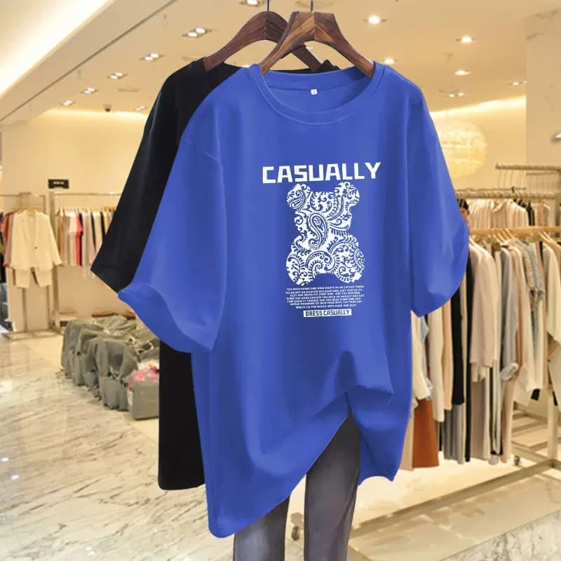 T-shirt femme manches courtes, coupe ample, col rond, couvrant les fesses, tendance Instagram