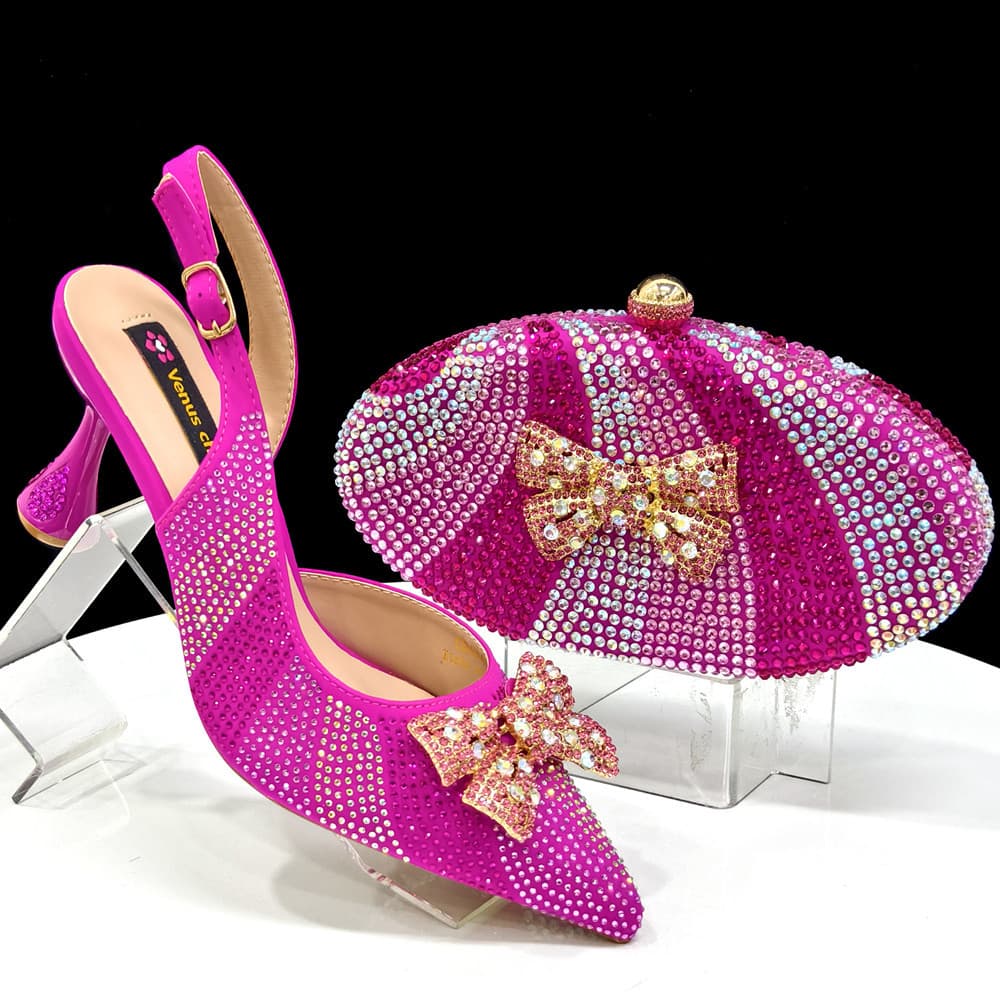 ​Elegant Pointed-Toe Rhinestone Sandals With Bow & Round Handbag Set – Women’s Fashion Show Heels & Clutch For Parties & Special Occasions​