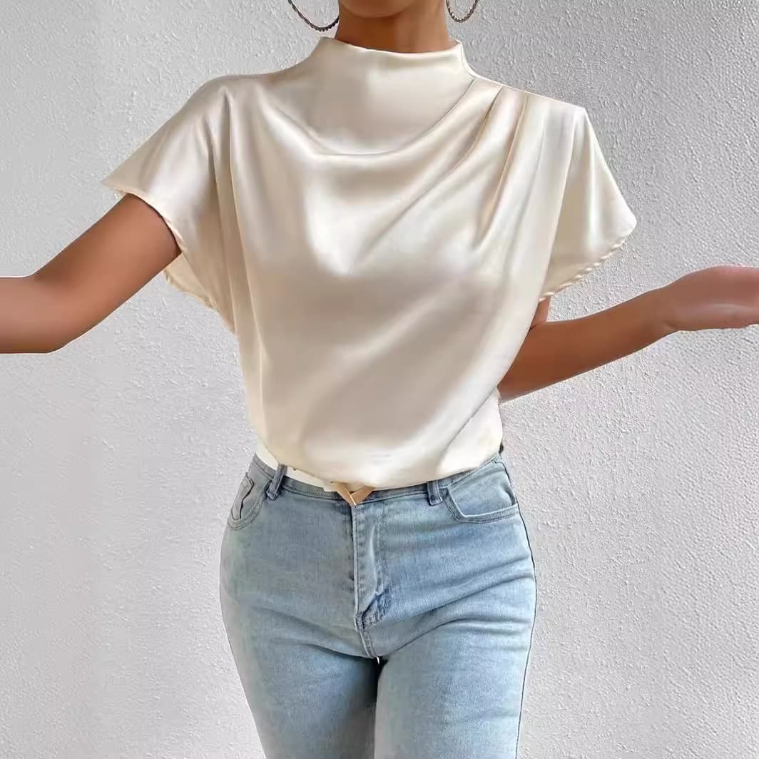 New round neck short sleeve left shoulder pleated t-shirt satin women's top spot wholesale