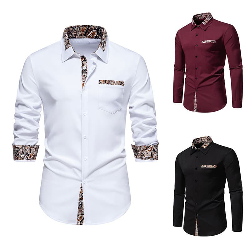 New Fashionable Triangle Collar Cashew Flower Color Block Long Sleeve Shirt