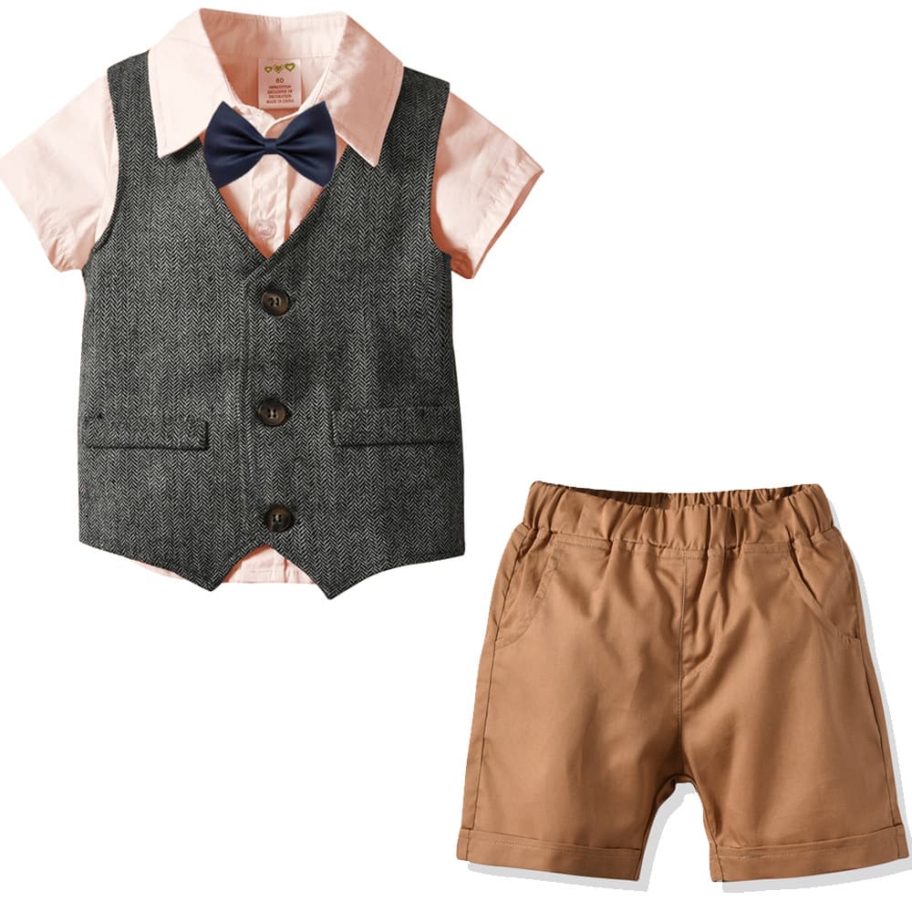 Kid's Clothing 2024 Boys Spring and Autumn Gentleman Suit Children's Vest Short-sleeved Shirt Pants Four-piece Baby Cotton Dress