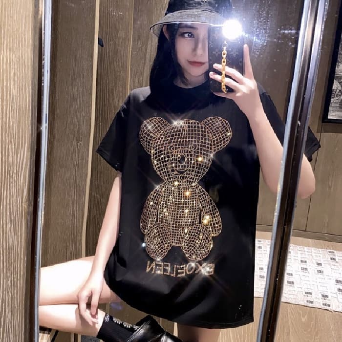 Women's fashion hot drill medium length T-shirt