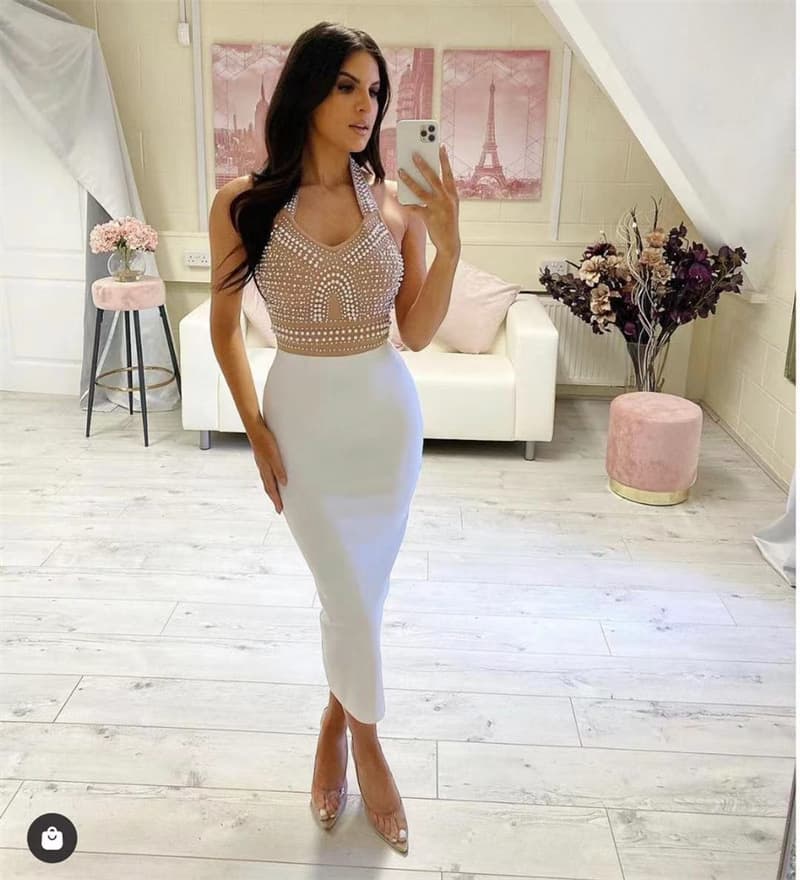Bandage evening dress slim and sexy V-neck beaded mid-length style slimming